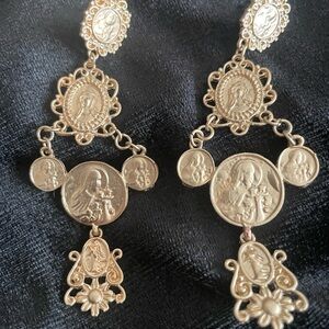Statement Gold Religious Icon Medallion Chandelier Earrings